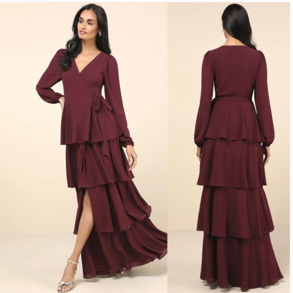 NWT Lulus Small Marvelous Grace Plum Long Sleeve Tiered Wrap Maxi Dress Sz XS‎